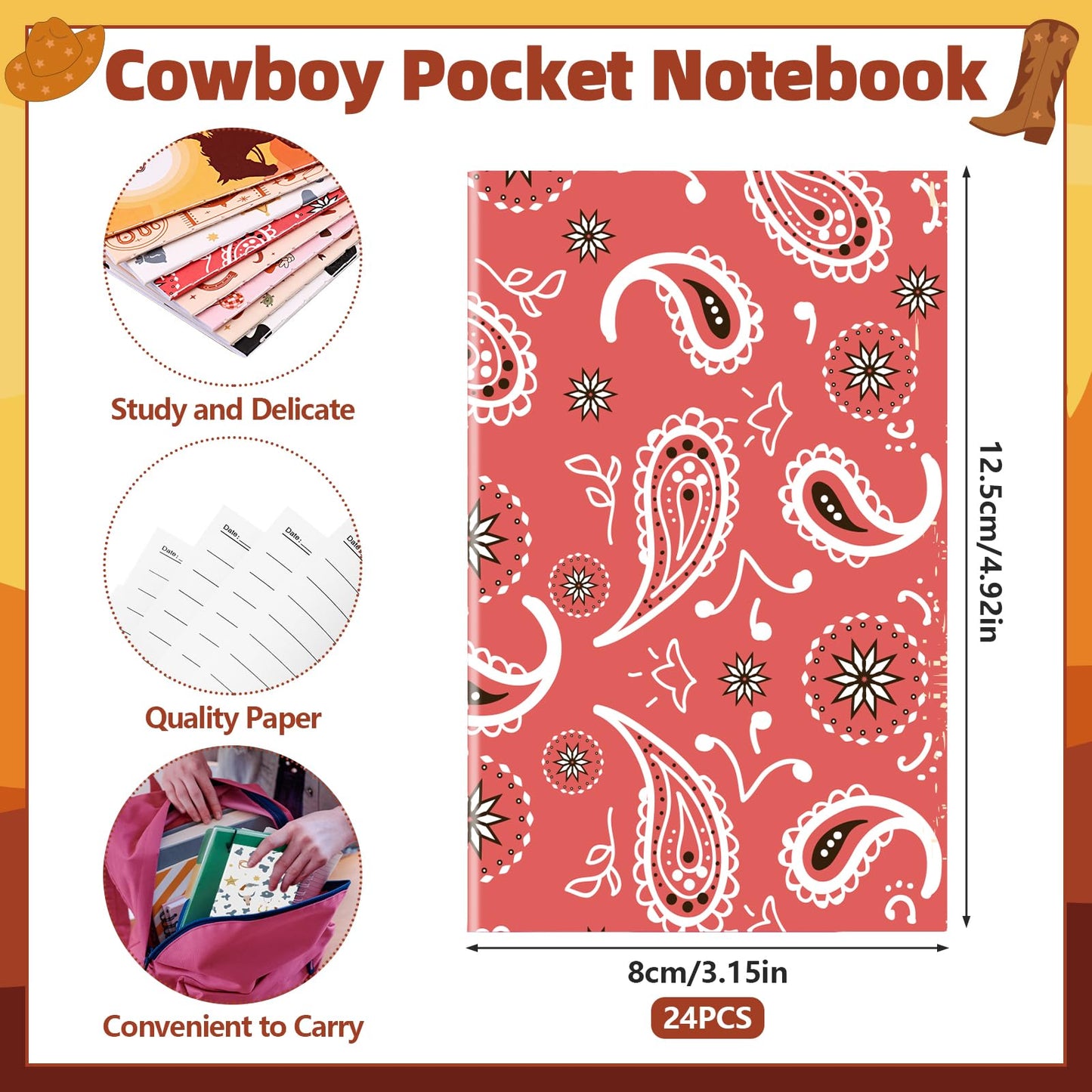 48 PCS Western Ballpoint Pens Mini Spiral Notebooks Bulk Cowboy Pocket Notepads Journal Memo Pads for Birthday Wedding Bridal Baby Shower Favors Office School Classroom Supplies