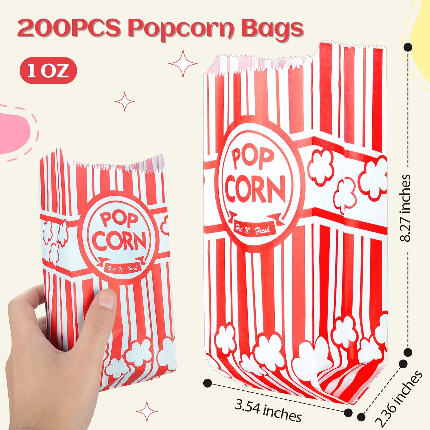 Essenya 202 Pcs Popcorn Bags with Popcorn Scoop and Salt Shaker,1 oz Small Pop Corn Bags Popcorn Bags Individual Servings for Popcorn Machine Supplies Party Movie Night Theater