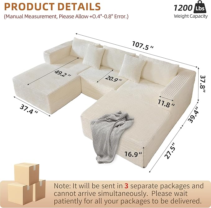 110 Modular Sectional Boneless Sofa with 2 Ottomans, Corduroy U-Shaped Modular Sectional Sofa, Convertible Cloud Couch with Deep Seats, No Assembly Required (White, 110" 3Seat+2 0ttoman)