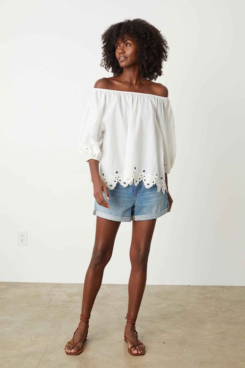 VELVET BY GRAHAM & SPENCER Women's Abigail Schiffli Eyelet Top, Ivory, X-Large