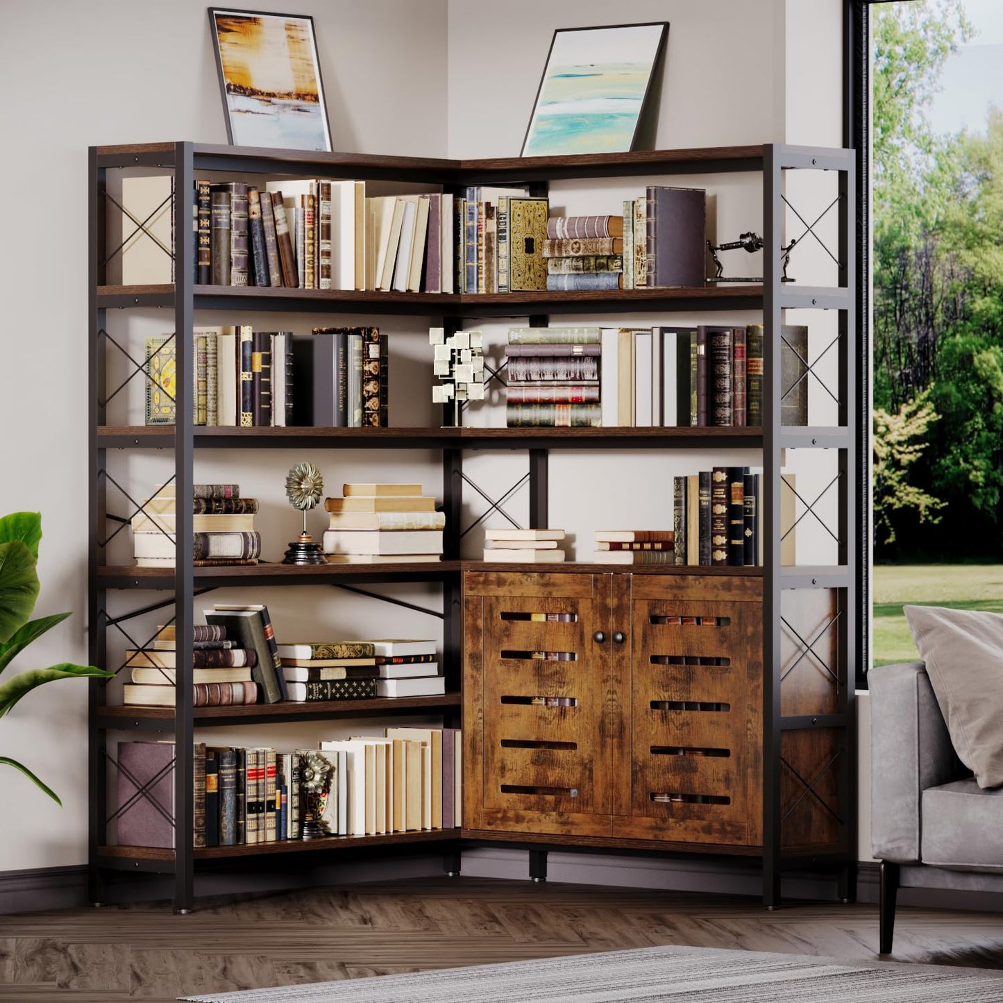 GLAUBIO Large 6 Tier Industrial Corner Bookshelf with Storage Cabinet,L Shaped Bookcase with Doors, Tall Corner Plant Stand, Tall Bookshelf for Living Room, Home Office（Brown Wood）