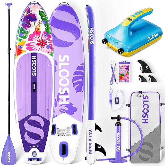 SLOOSH Inflatable SUP & Electric Pump Bundle – 10'6" Paddle Board with Premium Accessories, Non-Slip EVA Deck, 20 PSI Dua...