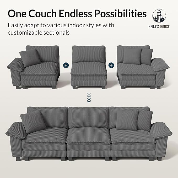 HERA'S HOUSE 158" Modular Sectional Sofa, Oversized Couches for Living Room, Comfy Cloud Couch 4-Seater Deep Seat Sofa with Throw Pillow, Corduroy Grey