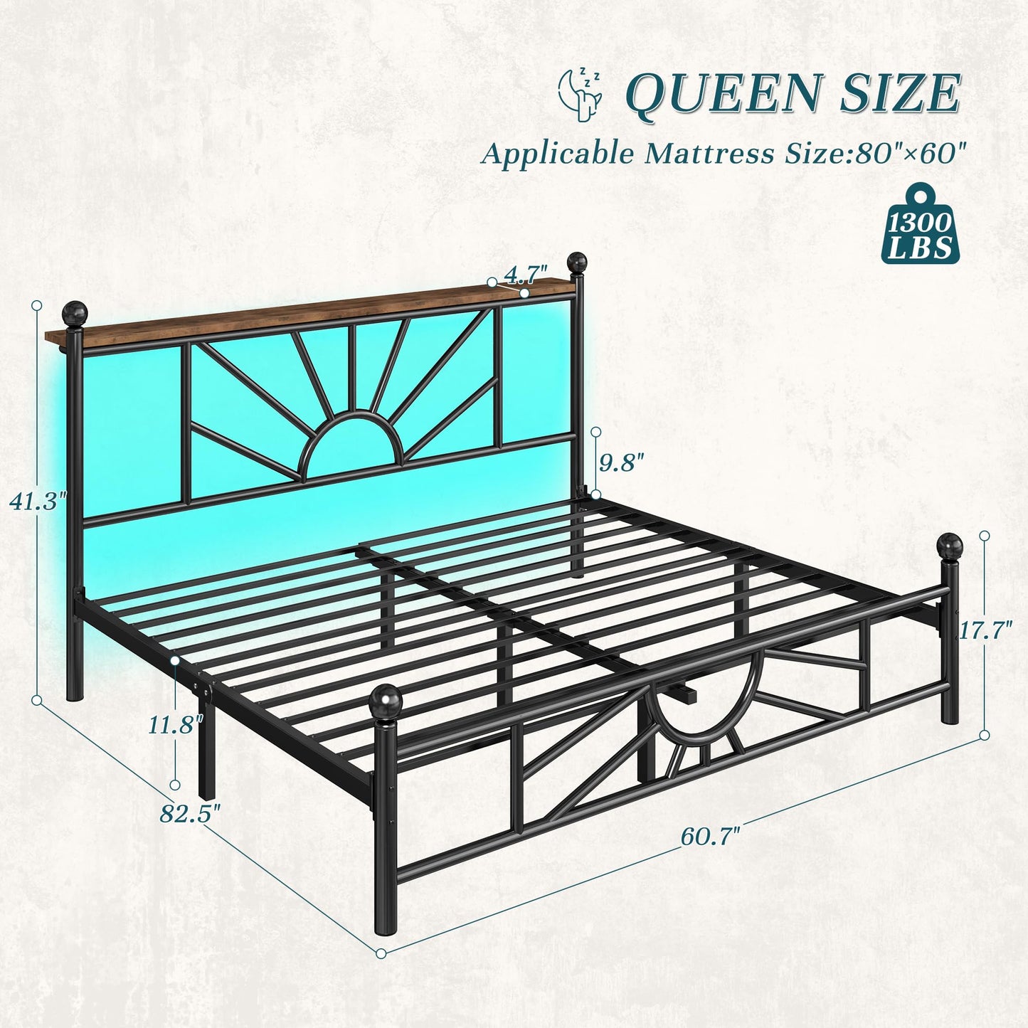 Homkdom Metal Queen Bed Frame with Headboard and Footboard, Queen Size Bed Frame with LED Light, Mattress Foundation with Under Bed Storage/No Box Spring Needed/Noise-Free/Easy Assembly, Black