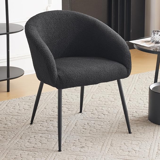 YDcosyfy Modern Small Accent Chair, Comfy Sherpa Makeup Vanity Chair with Metal Legs, Decorative Chair no Wheels for Living Room, Dressing Room, Bedroom, Black