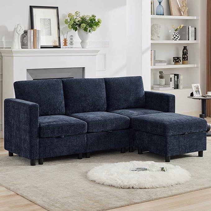 WUTUTUEE 83'' Modular Sectional Sofa Convertible L Shaped Couch Set for Living Room, 4 Seat Storage Modular Sofa with Movable Ottoman, Chenille Navy