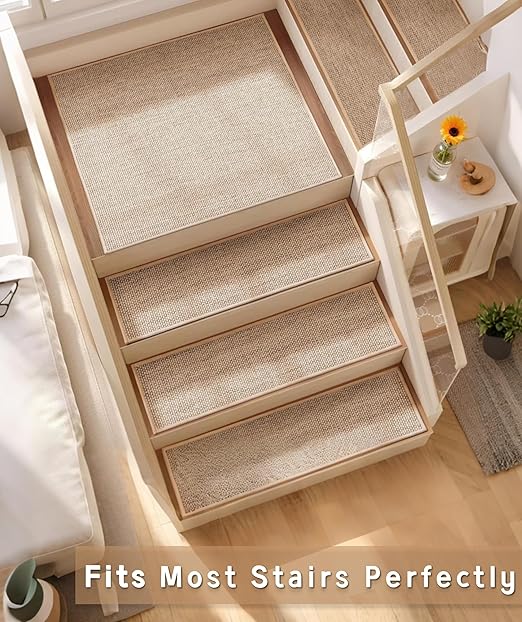 Non Slip Liner Stair Treads Matching Mat for Wooden Steps, 30"x30" Square Stair Landing Rug with Rubber Backing, Washable Indoor Safety Stair Landing Mat for Kids Elders Dogs, Beige