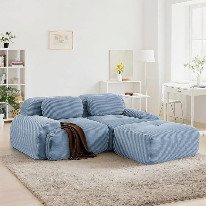 SoarFlash 81” Sectional Cloud Boneless Sofa Couches for Living Room-2 Seater L-Shaped Modern Lounge Couch-No Assembly Modular Corduroy Convertible Sponge Sleeper Sofas with Chaise for Home House,Blue