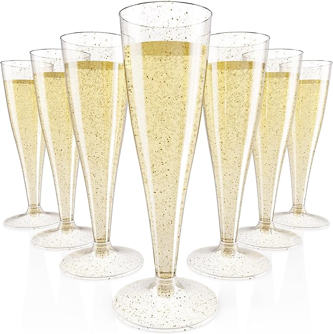 JOLLY CHEF 100 Pack Plastic Champagne Flutes Disposable 4.5 oz Gold Glitter Plastic Champagne Glasses for Wedding, Thanksg...