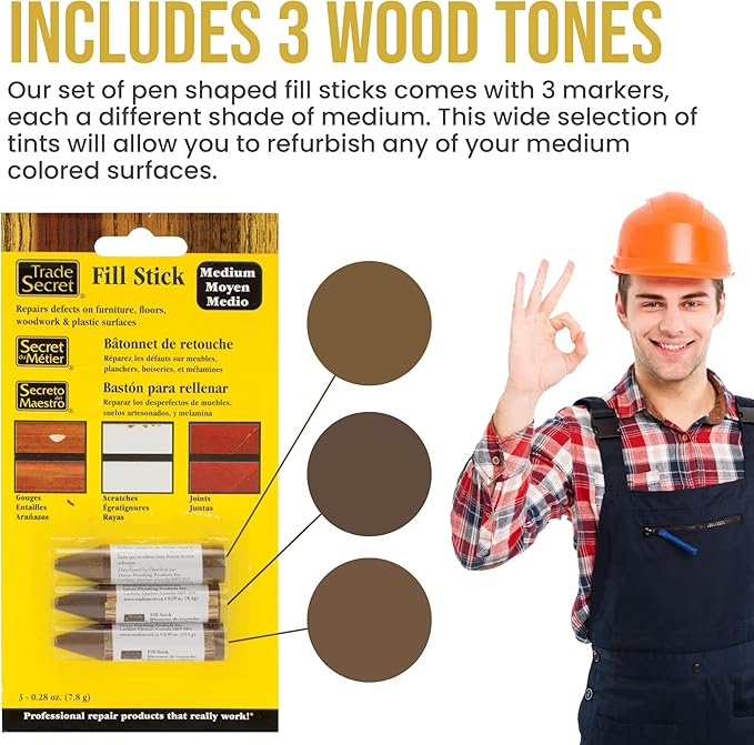 Wood Scratch Repair Fill Stick for Medium Toned Surfaces (Set of 3), Great for Touch-Ups and Repairs on Hardwoods Floors, Furniture, Cabinets and Plastic Surfaces.