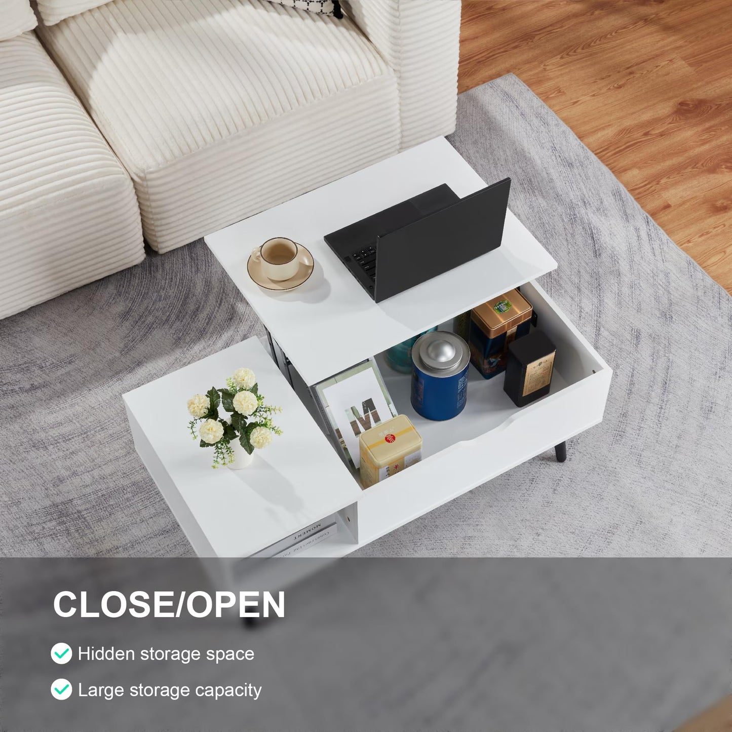Softa Coffee Tables for Living Room, Wood Lift Top Coffee Table with Storage Shelf and Hidden Compartment, Dining Center Pop-up Table for Home, Office(White)