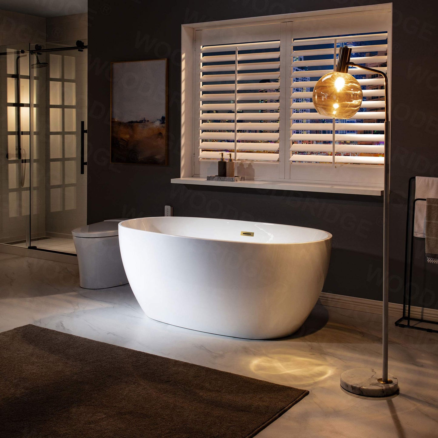 WOODBRIDGE 59" Acrylic Freestanding Bathtub Contemporary Soaking White Tub with Brushed Gold Overflow and Drain，BTA1518 -BG-Drain &O