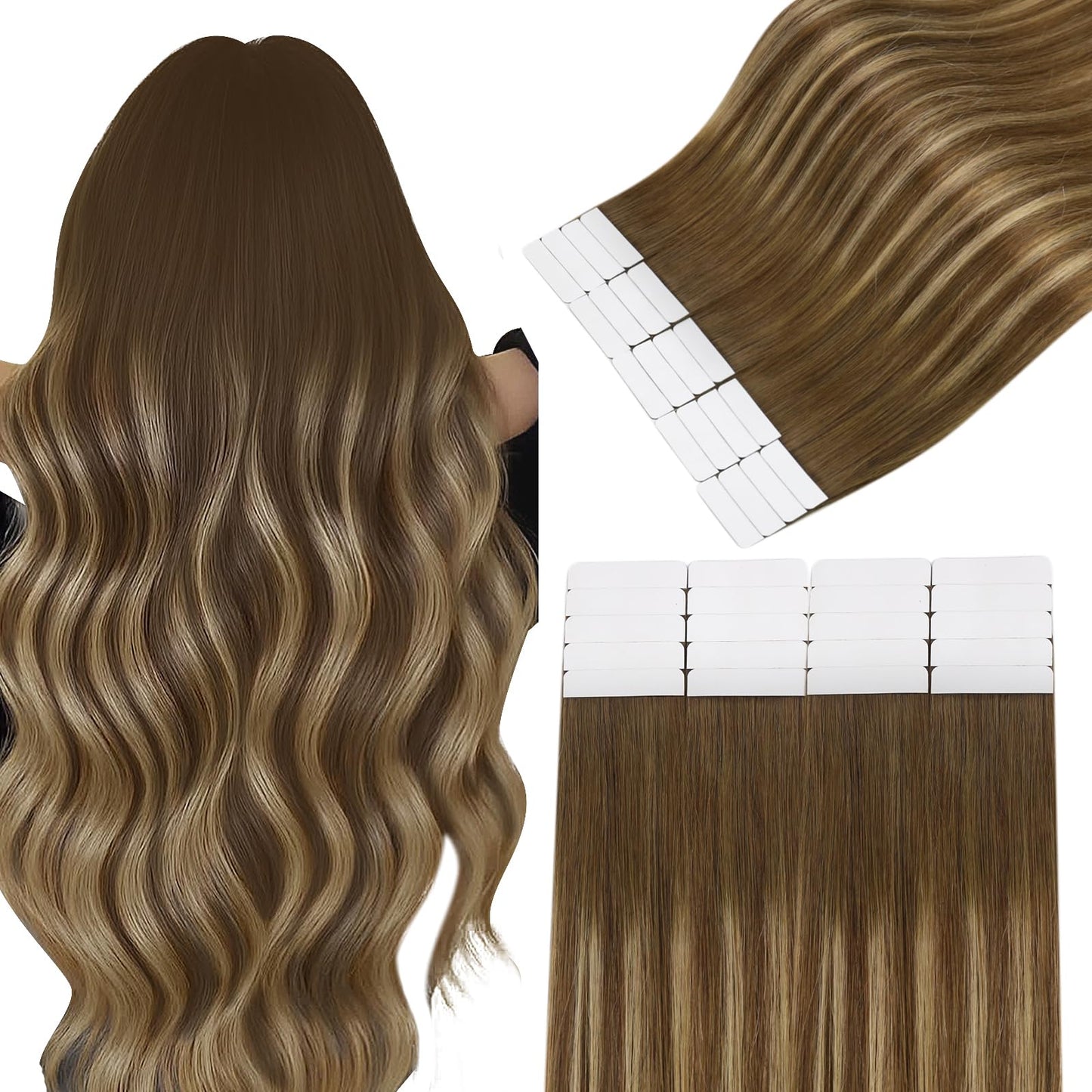 Easyouth Long Tape in Hair Extensions Balayage Brown Tape ins Human Hair Extensions Brown Ombre Caramel Blonde Tapes in Extensio