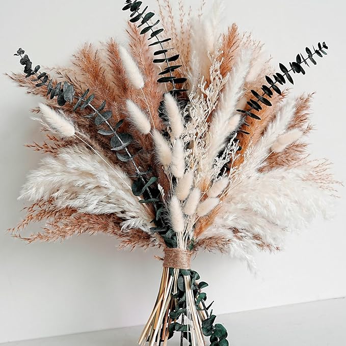 Dried Flower Bouquet - Pampas Grass, Bunny Tails, Olive Green Eucalyptus & Preserved Flowers - Boho Chic Home Decor, Rusti...