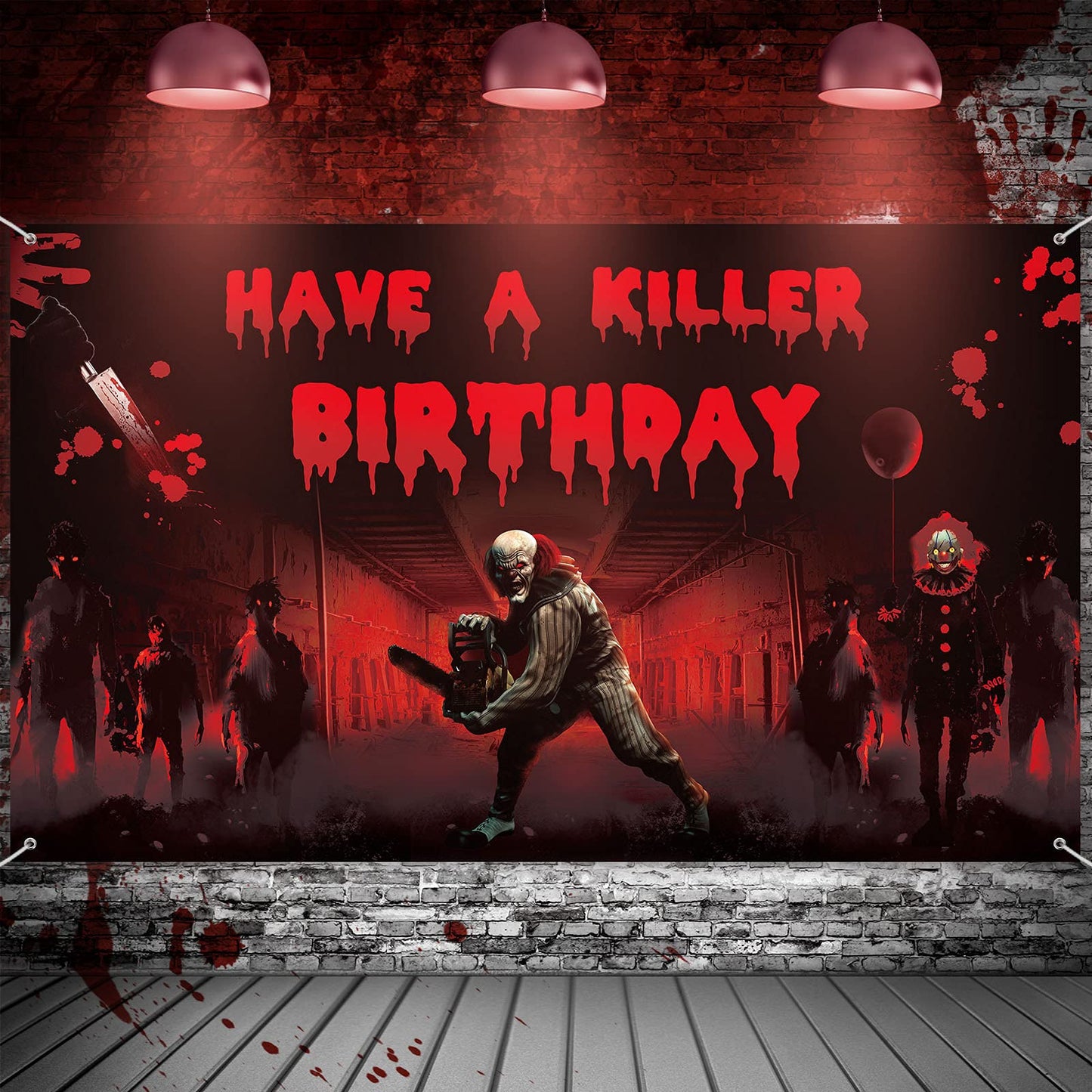 Irenare Killer Birthday Party Backdrop Banner - Crime Scene Decor, Horror Movie Background, 72.8 x 43.3 Inch Scary Bloody Banner for Creepy Movie Chainsaw Clown Spooky Props