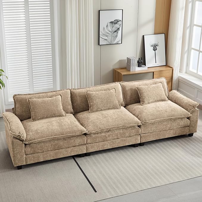 Oprisen 120" Modular Sectional Sofa, Comfy Cloud Couch Sectional, Chenille Sofa Sleeper Deep Seat Sofa with Throw Pillows for Living Room (Khaki, 120"- 3 Seater)