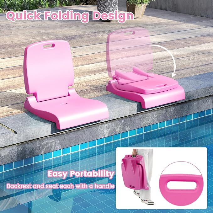Goplus Poolside Chair for Edge of Pool, Foldable Portable Flip Seat w/Back Support & 2 Handles, Lightweight Outdoor Camping Chair for Stadium, Tailgating, Fishing, Boats, Beach (Pink, 2 Packs)