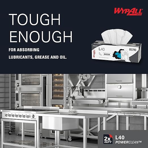 WypAll PowerClean L40 Cloths Extra Absorbent Wipes (05790), Pop-Up Box, Bulk Paper Wipers, White (9 Packs of 100 Sheets, 900 Sheet Total)