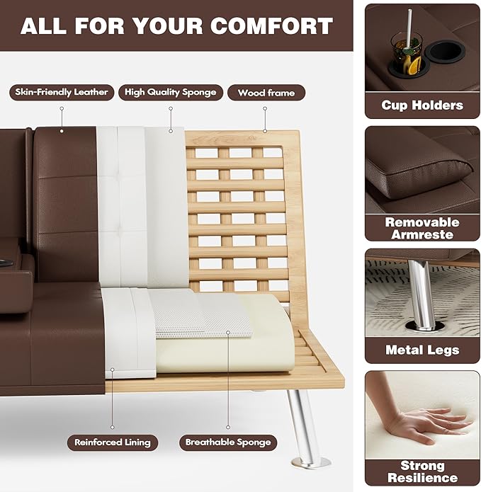 JUMMICO Faux Leather Futon Sofa Bed Futon Couch with Removable Armrests Adjustable Sleeper Sofa Bed with 2 Cup Holders for Living Room (PU Leather, Brown)
