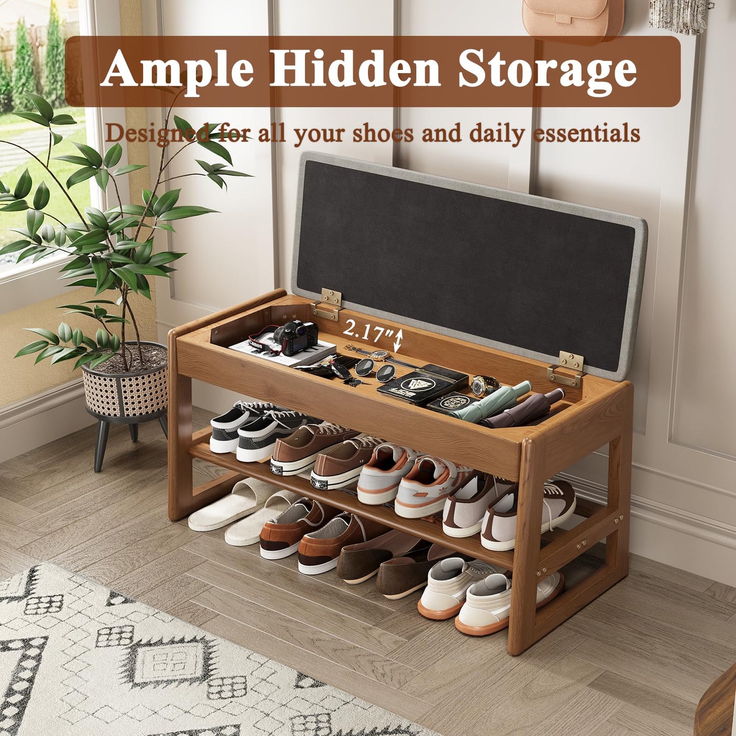 IUNVR Shoe Rack Bench with Cotton-Linen Cushion 2-Tier Wooden Storage Bench 550lbs Compact Simple & Modern Design for Entryway, Hallway, Bedroom, Living Room, Closet, Front Door Entrance, Foyer