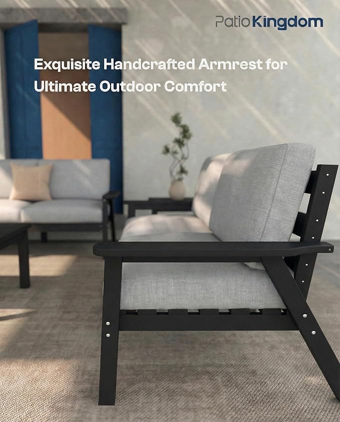 Patio Kingdom Patio Furniture Set 8 Seats, HDPE Outdoor Sectional with Gray Washable Thick Cushions, Coffee Table, Patio Conversation Sets for Lawn, Garden, Porch, Balcony, Deck (Black Frame)
