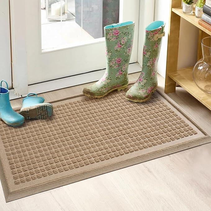 Boot Tray for Entryway, Non-Slip Shoe Tray Drying Mat, Waterproof Boot Mat for Muddy Boots, Heavy Duty Shoe Storage Trays, Indoor/Outdoor Use, 15x30 inches, Beige
