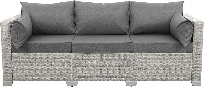 WAROOM Outdoor Couch 3 Seater Wicker Patio Sofa Grey Rattan Deep Seat Balcony Furniture Porch Seating with Grey Cushion