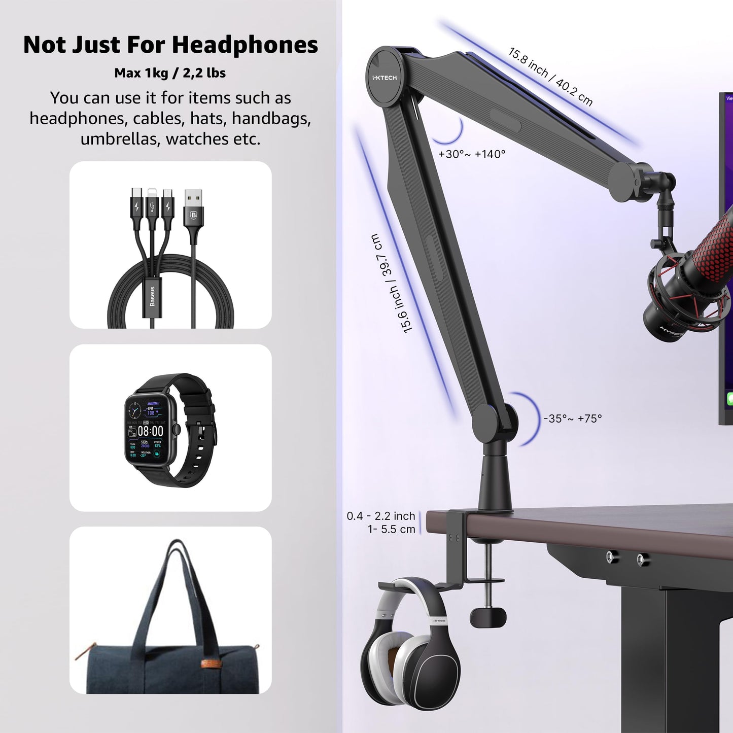 IXTECH Mic Boom Arm Microphone Arm for Blue Yeti Shure Sm7b Hyperx QuadCast Rode At2020 and Fifine Upgraded Mic Stand with Tablet and Headphone Holder for Gaming Podcasting and Streaming CAPTAIN PRO