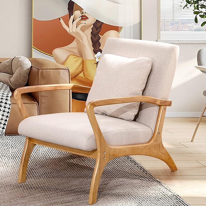 ELUCHANG Accent Chair with Lumbar Pillow,Mid-Century Modern Accent Chair Armchair, Linen Fabric Comfy Reading Chair Lounge Side Chair for Living Room Bedroom Apartment,Easy Assembly(Beige2)