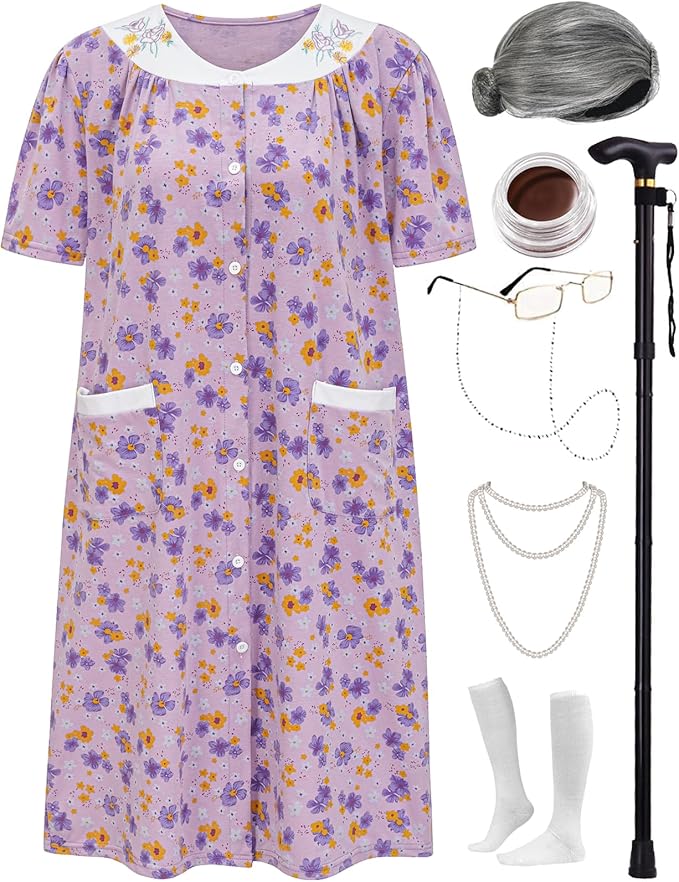 Z-Shop Old Lady Costume for Women 100 Days of School Halloween 100th Day Dress up