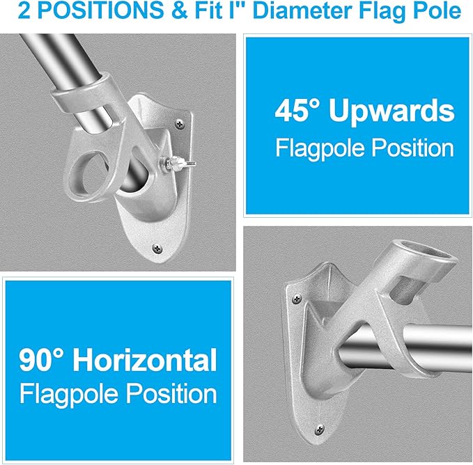 Flag Pole Holder Brackets, BONWIN 1" Flag Pole Mounting Bracket with Hardwares for House Wall Mount, 1" Inner Diameter, Two Positions & Aluminium Alloy, Rust Free Coated (Silver - 2 Pack)