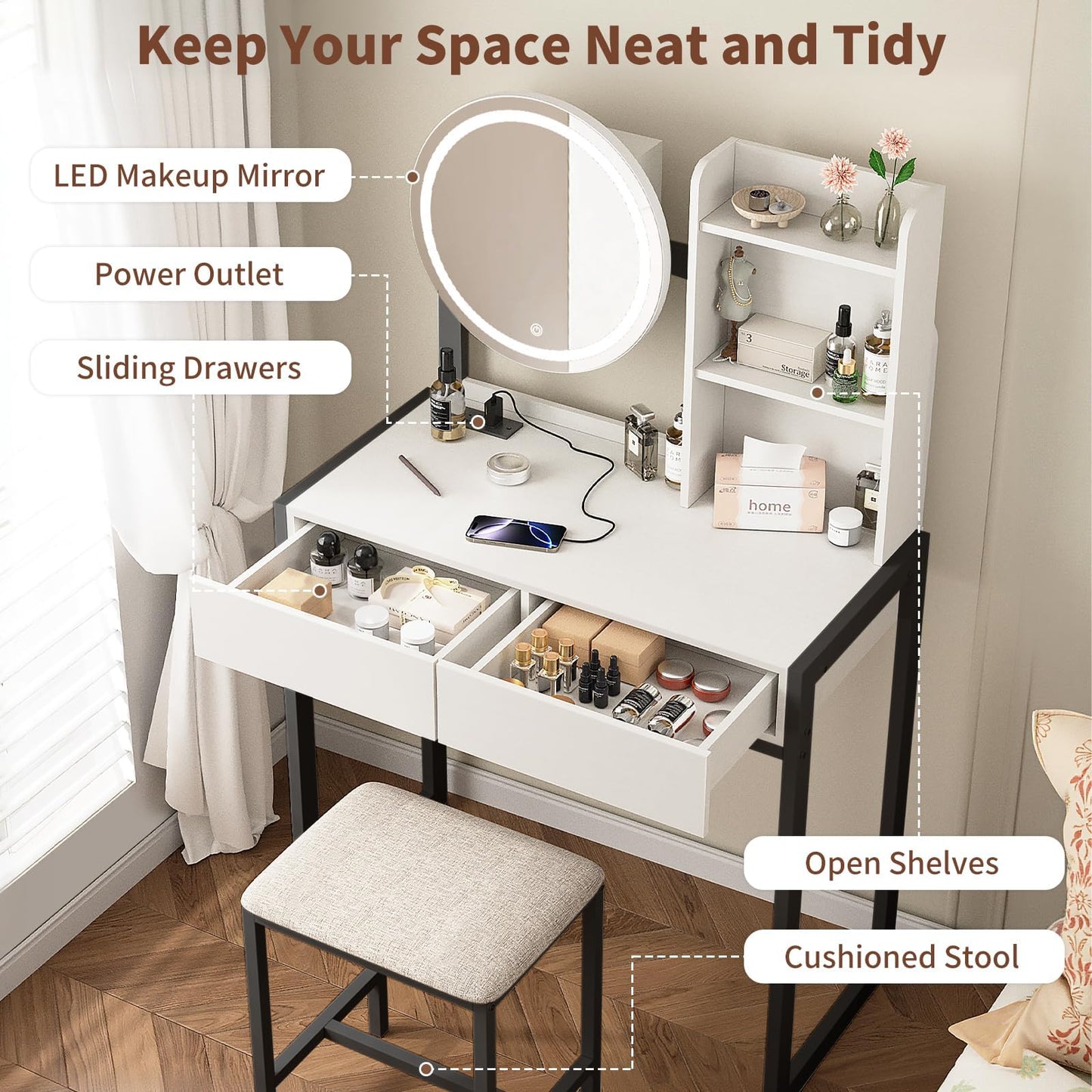 KEIKI Makeup Vanity Desk with Smart LED Mirror & Charging Station, 31.5" Vanity Table Set with 4 Drawers, Storage Shelves & Cushioned Stool, Modern Studio Bedroom Dressing Table, White and Black