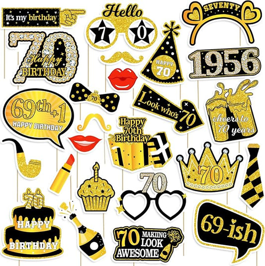 70th Birthday Photo Booth Props for Women & Men, Black Gold Adult 70th Birthday Photo Booth Props, Cheers to Seventy Birth...
