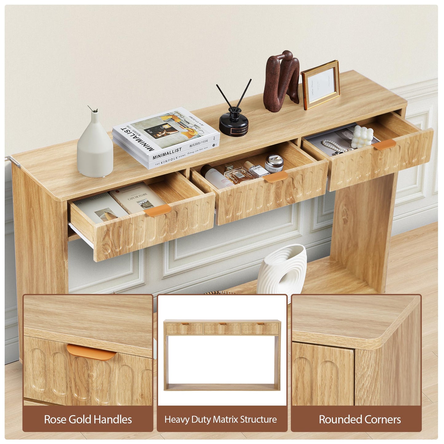 affeivul Entryway Table with Storage, Narrow Console Table with 3 Drawers, Boho 51.18' Couch Table Behind Sofa Skinny Long for Living Room TV, Hallway Entrance Entry Foyer