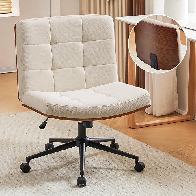 Furnimart FSC Wooden Wide Desk Chair, 360° Swivel Criss Cross Office Chair with Wheels, Comfy Cross Legged Sitting, Armless Height Adjustable Rolling Chair for Bedroom, Office, Vanity (Linen Beige)