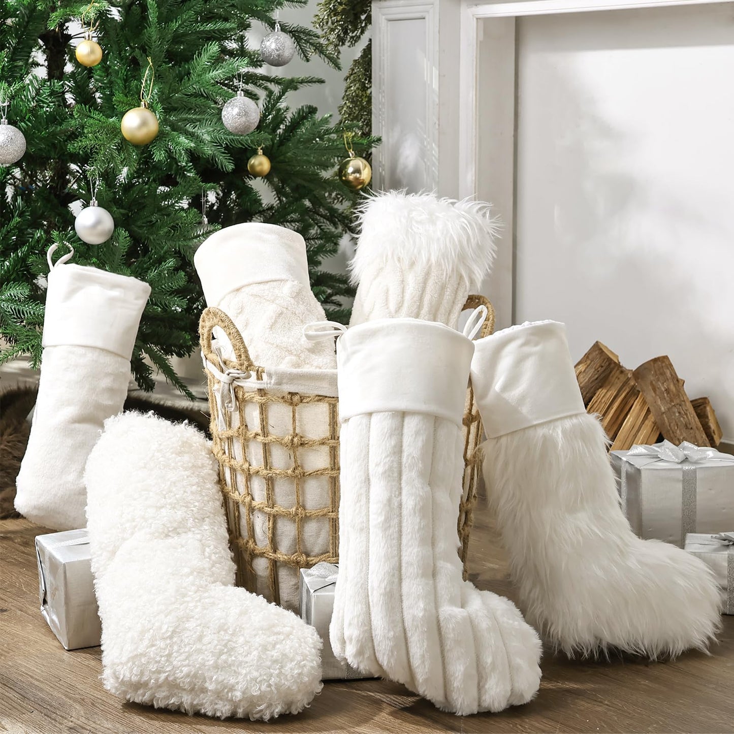 Christmas Stockings, 6 Pack 18 Inch Luxury Snow White Thick Plush Faux Fur Personalized Stockings with 6 Styles of Textured Patterns, Home Décor Party Christmas Decorations Gift for Mantal Fireplace