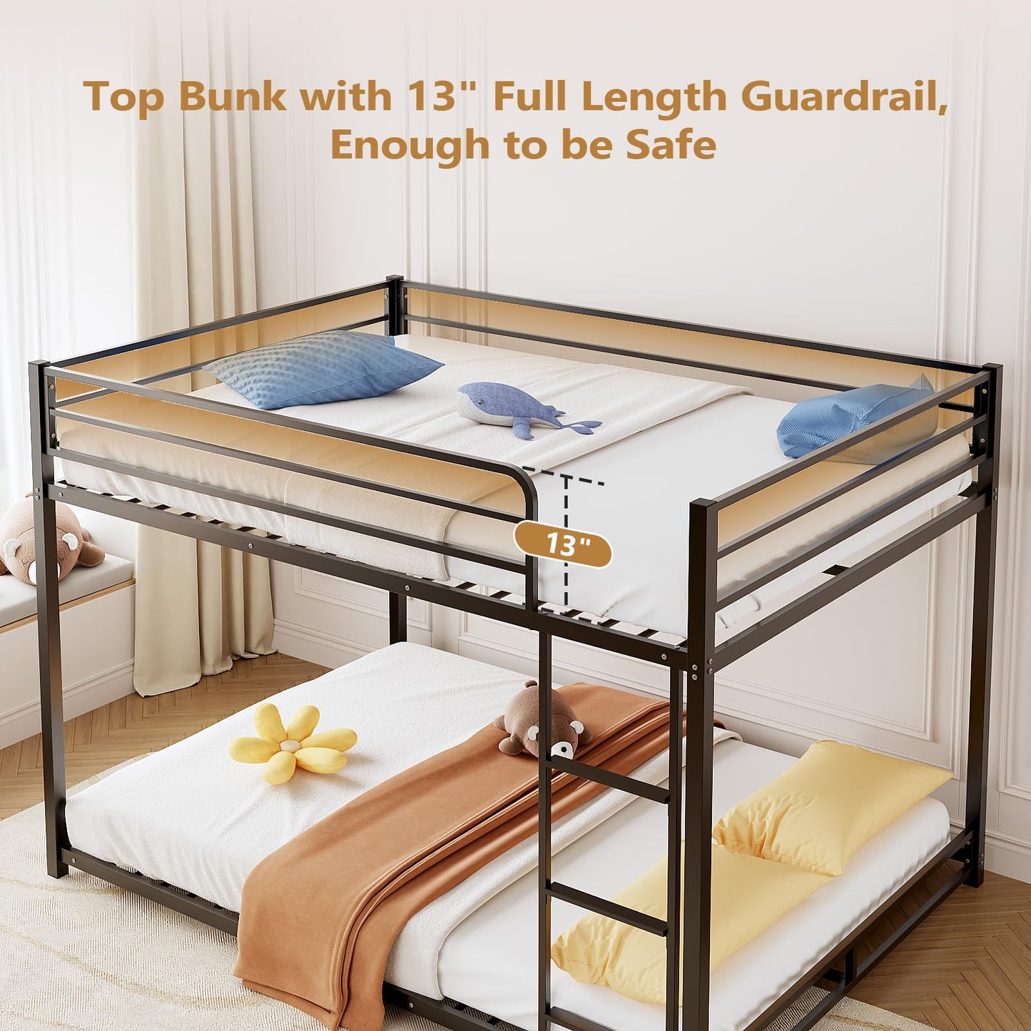 JOYMOR Metal Bunk Bed Full Over Full, Twin Size Bed Frame for Boys Girls, Junior, Low Profile Bunk, Space Saving Design, Mattress Not Included (Black)