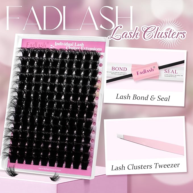 FADLASH Lash Extension Kit 200D Lash Cluster Kit DIY Eyelash Extension Kit with Lash Bond and Seal Lash Tweezers Natural Cluster Lashes Kit Individual Lashes 3D Effect (KIT, 200D-3D-07D-15-20mm)