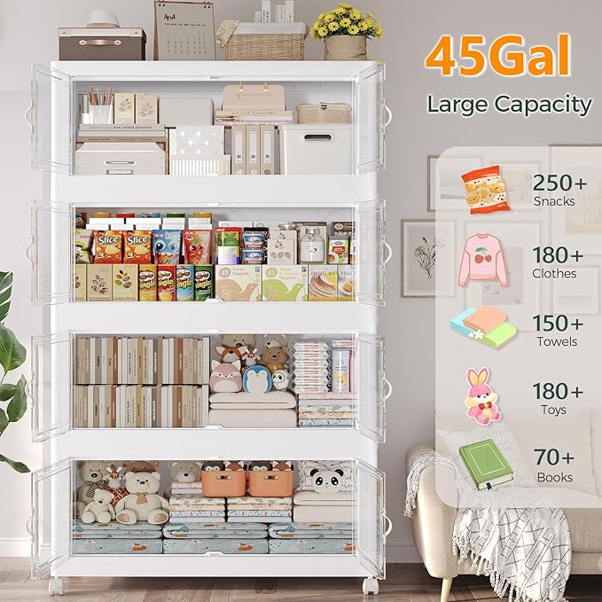 135Gal Stackable Storage Bins with Lid and Wheels, 540QT Plastic Collapsible Storage Boxes with Doors, Closet Organizer and Storage Cabinet for Home Kitchen Office Dorm Room, 3Pack White