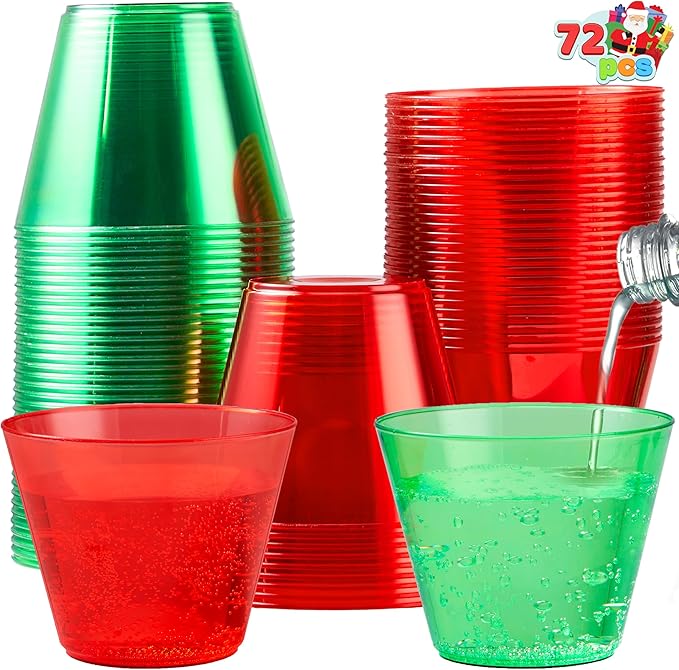JOYIN 72 PCS Disposable Plastic Drinking Cups, 9 OZ Christmas Clear Plastic Party Cup, Xmas Wine Glasses for Party Supplie...