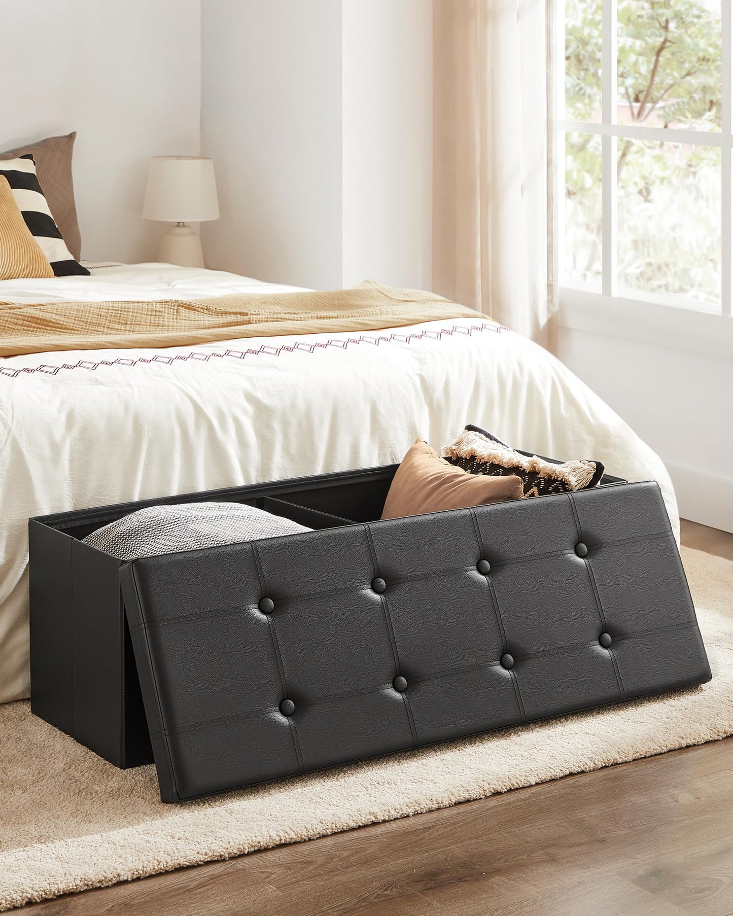 SONGMICS MAZIE Collection - 43 Inches Folding Storage Ottoman Bench, Ottoman with Storage, Foot Rest Stool, Load 660 lb, for Living Room, Synthetic Leather, Black ULSF701