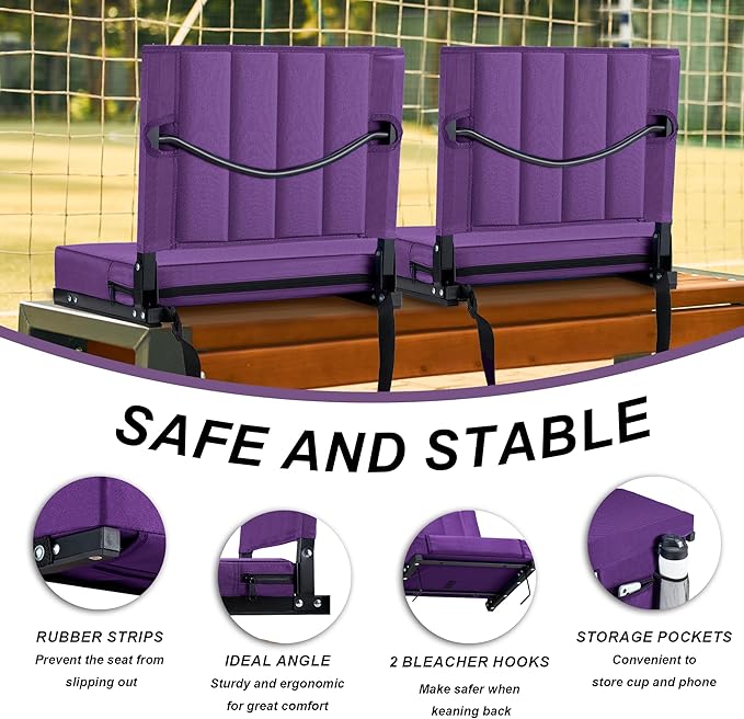 Aliphon Stadium Seat for Bleachers with Back Support and Cushion, Bleacher Seats with Shoulder Strap and Cup Holder, Padded Portable Folding Comfort Stadium Chair, for Sports Events, Purple(1pcs)