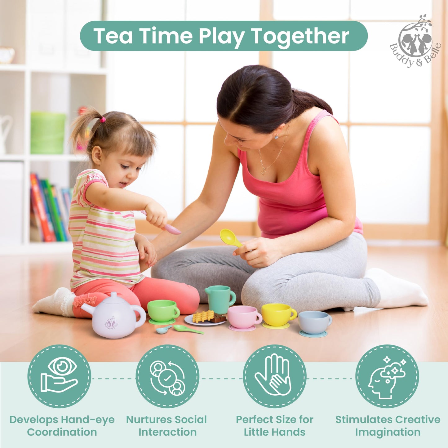 Silicone Tea Set for Kids - 18 Pcs Kids Tea Party Set - Gift Ready Storage Case and Picnic Cloth - Food Grade Silicone - Dishwasher Safe - BPA Free - Childs Tea Set - Development Play
