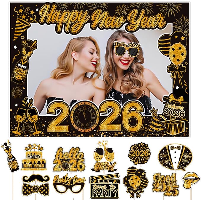 DONCIDAY New Year Eve Photo Booth Props & Frame Set, 2026 Happy New Year's Eve Party Accessories Decoration