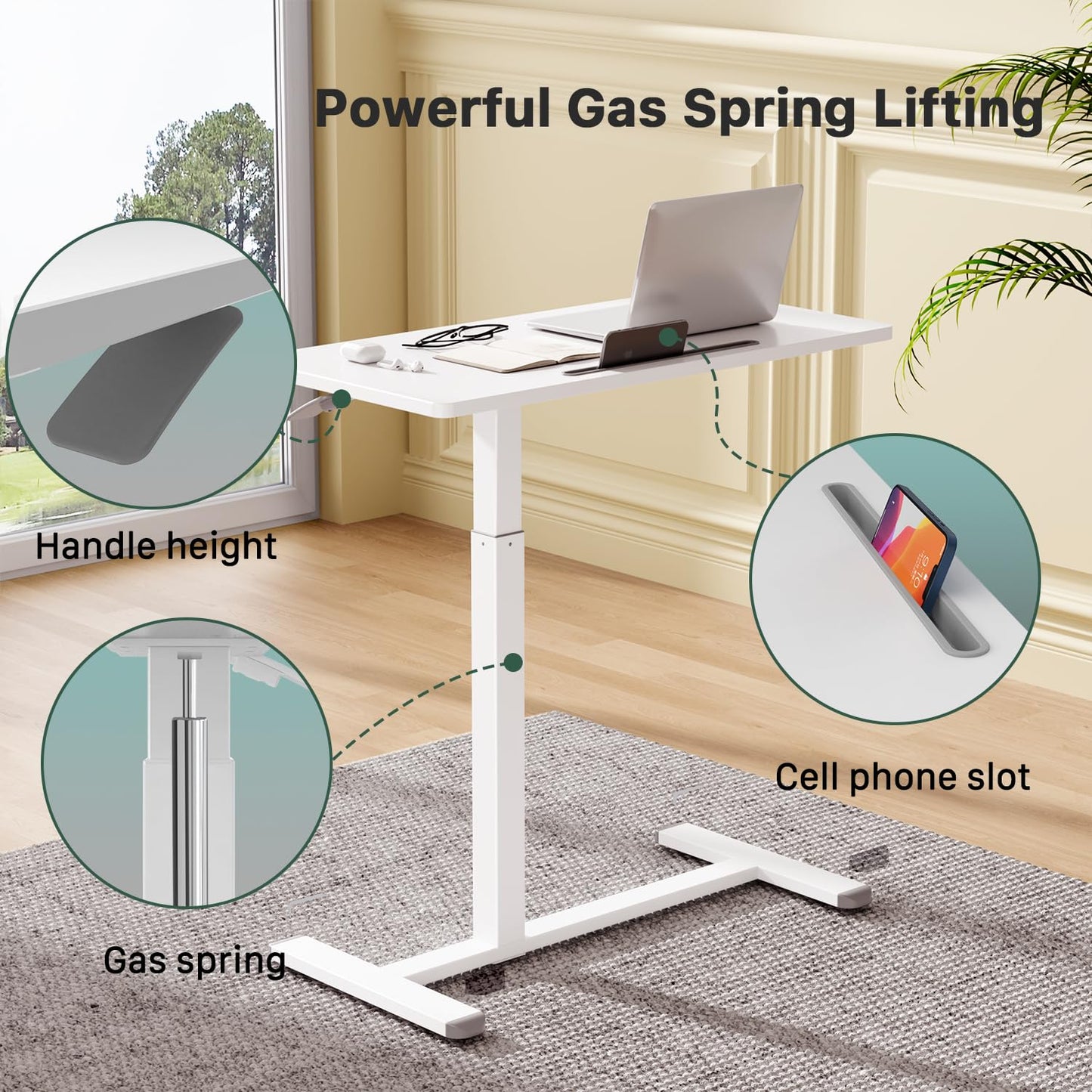 Gibbon Mounts Mobile Standing Desk, Pneumatic Adjustable Rolling Desk(31.5 Inches), Portable Laptop Desk with Wheels, Overbed Bedside Table Laptop Table for Couch, Home, Office, White