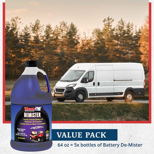 Thermoil® De-Mister Eliminates Golf Cart Corrosion Greatly Extends Battery Life Greatly Reduces Water Consumption & Toxic Fumes Treats Five 6, 8, or 12 Volt Battery. Made in USA, Jug (64 OZ)