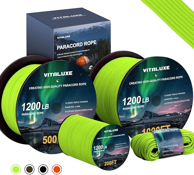 VITALUXE 1200lb Paracord Rope, 4.4mm 15 Triple Strands Paracord, Heavy Duty Tactical Parachute Cord for Survival Gear, Cam...