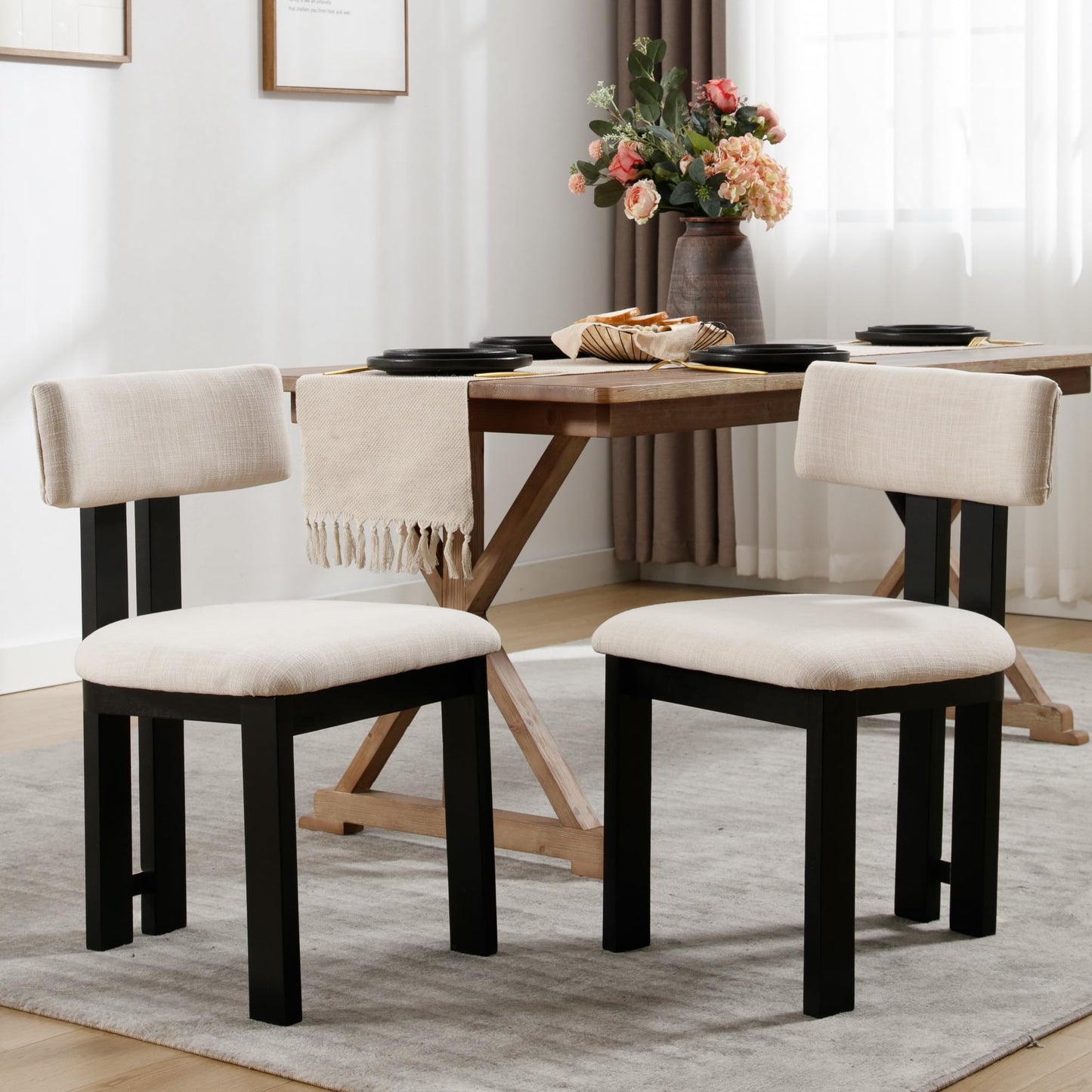 BESTANO Linen Wooden Dining Chairs Set of 2, Modern Farmhouse Dining Room Kitchen Chairs with Curved Backrest Black Wood Legs, Armless Dining Chairs, Beige