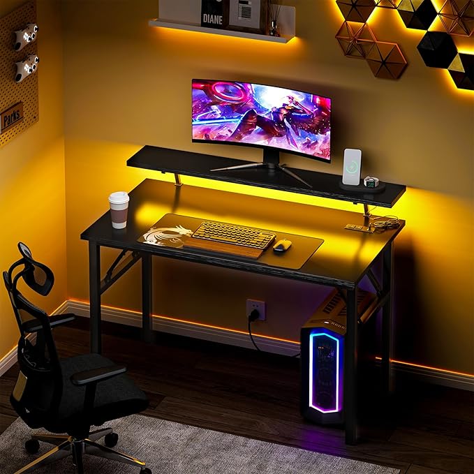 DlandHome Computer Desk 39’’ with LED Lights & Power Outlets, Folding Desk with Monitor Stand, Writing Desk Home Office Desk, Black