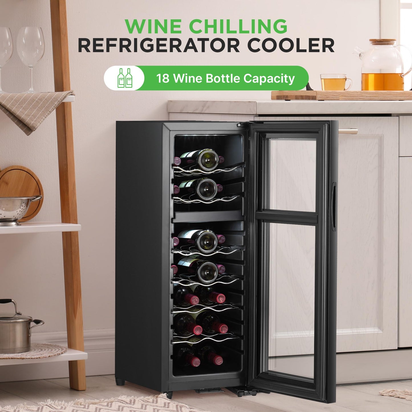 Nutrichef 18 Bottle Wine Fridge - Dual Zone Wine Chiller, Adjustable Temperature 41°F to 64°F, Ultra Quiet Operation, Free Standing Wine Cooler For Home, & Office, 32 x 11 x 26 IN (Black)